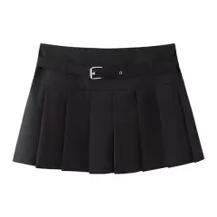 Low Waist Mini Plaid Casual Wide Pleated Culottes Skirt - Black - View 1