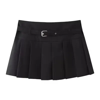 Low Waist Mini Plaid Casual Wide Pleated Culottes Skirt - Black