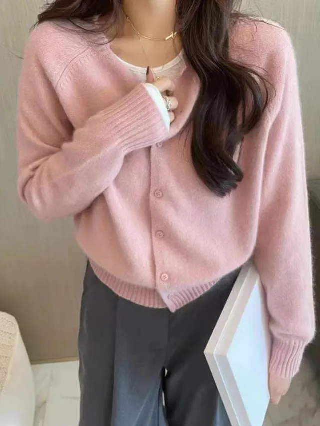 Women's Cardigan Loose Cropped Sweater Light Pink - Shop at LoveMi