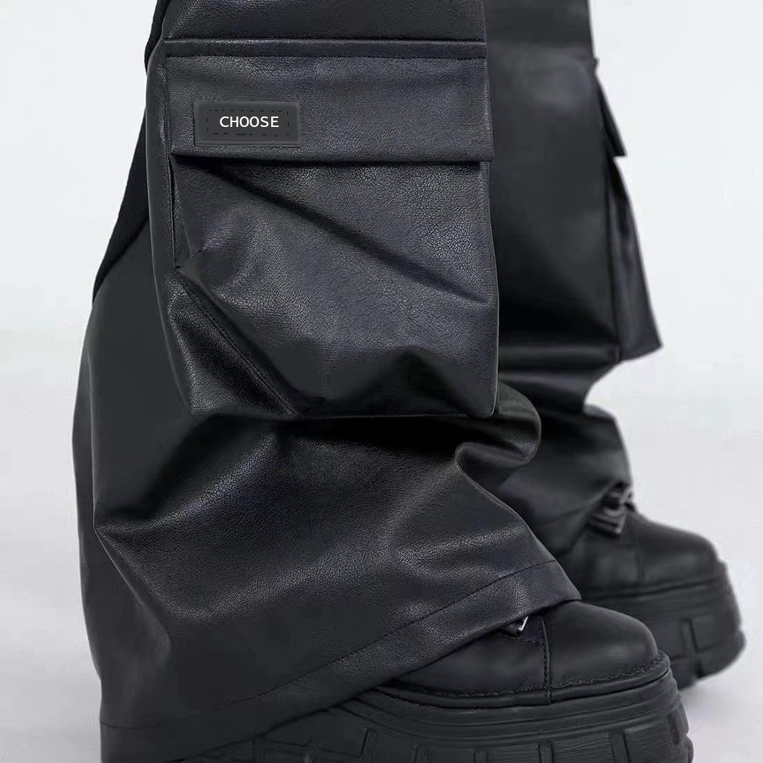 PU Fabric Stitching Leather Patchwork Pocket Trend Mechanical Style Leg Warmer