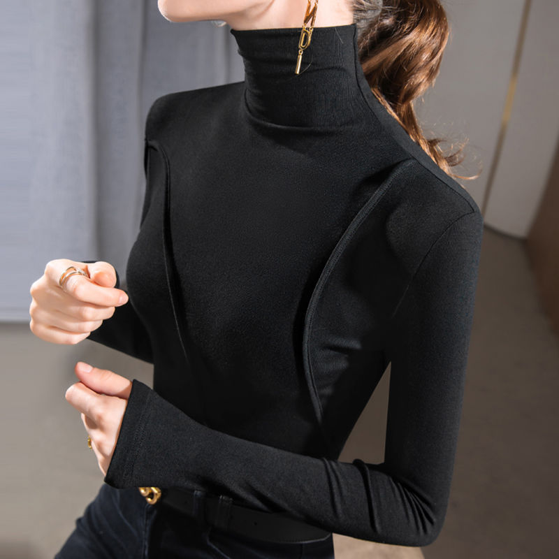 Women's Design Turtleneck Bottoming Shirt Slim Fit Irregular Western Style Inner Wear Stitching Long Sleeve Black - Shop at LoveMi