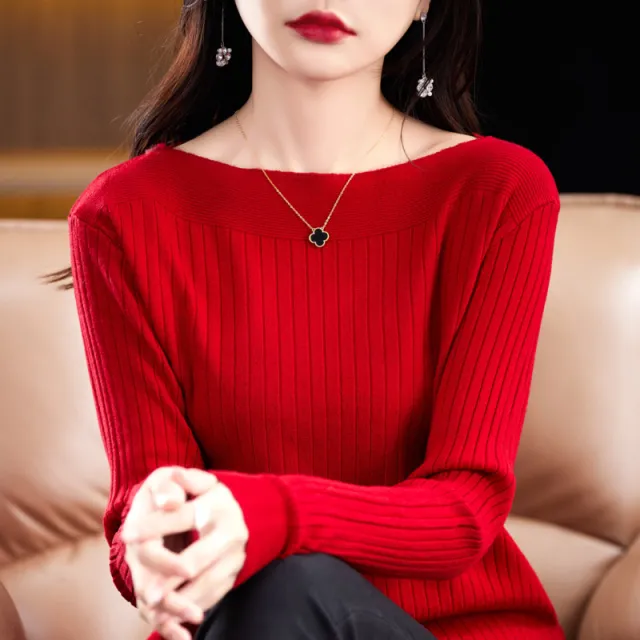Women's Off neck Knitted Bottoming Shirt Autumn And Winter New Red - Shop at LoveMi