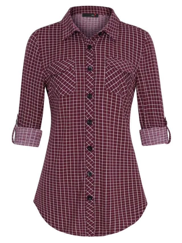 Plaid Pouch Button Cuff Comfort And Casual Printed Women's Shirt Dark Red - Shop at LoveMi
