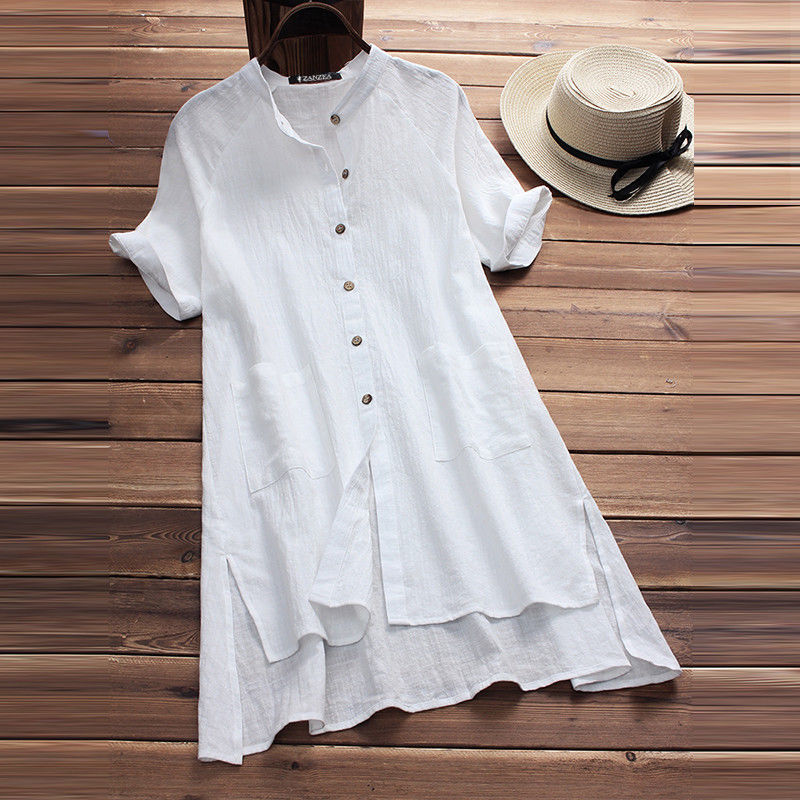 Casual Womens Raglan-sleeve Cotton-linen Top With Buttoned Pockets