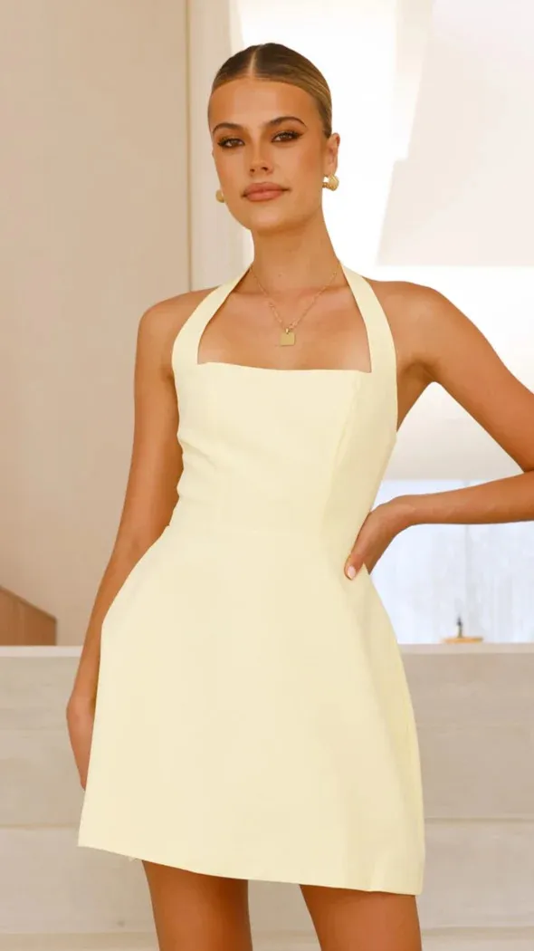 Summer European And American Women's Clothing Solid Color Fashion Halter Dress - Yellow