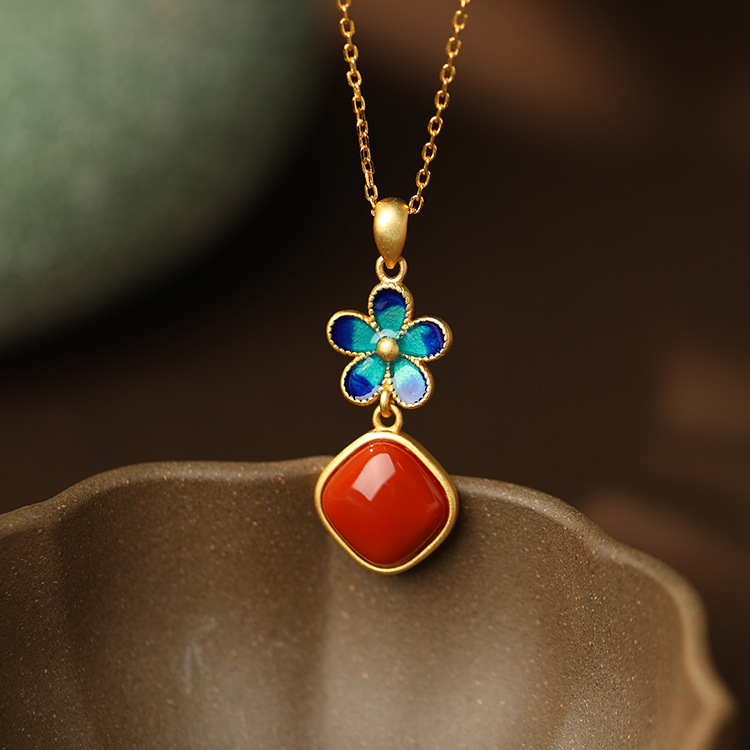 Little Flower Red Agate 925 Silver Necklace Female Earrings