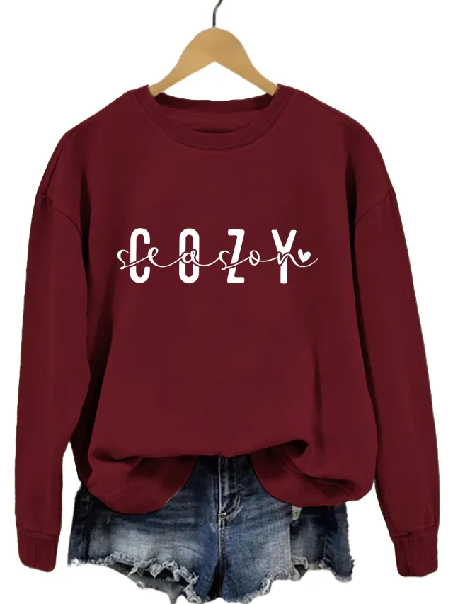 Fashion Printed Cozy Season Autumn Crew Neck Long Sleeve All match Loose Sweater Wine - Shop at LoveMi