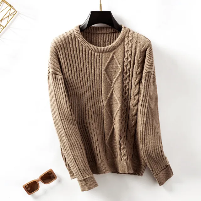 Loose Pullover Retro Solid Color Sweater For Women Khaki - Shop at LoveMi