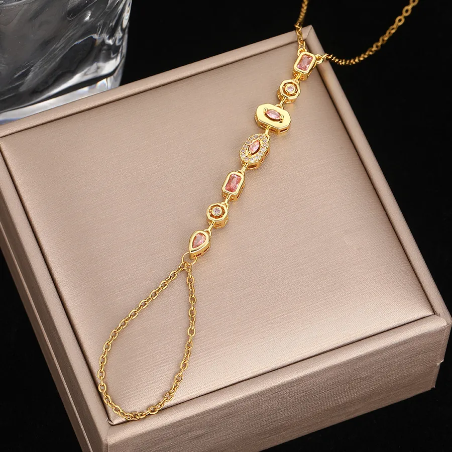 Light Luxury Advanced Design Tassel Rhinestone Finger Chain - Golden Pink Diamond