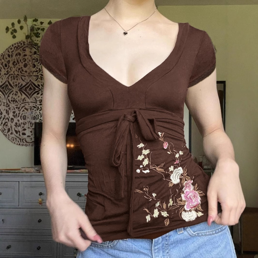 Waist-tie Cinched Short T-shirt Spicy Girl Style Simple And Versatile Casual Top