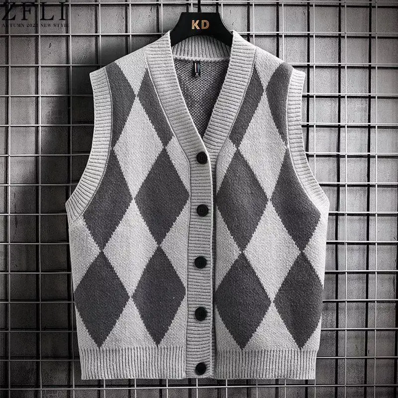 Mens Korean-style Diamond-Pattern Early-Autumn Knitted Vest