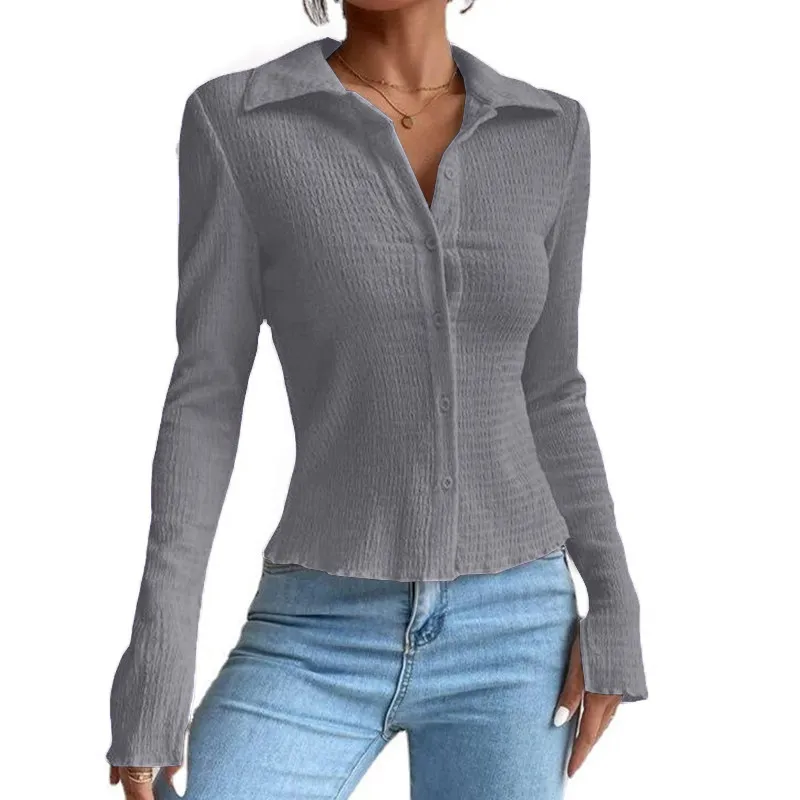 Women's Solid Color Stitching Split Sleeve Cardigan Button Top Lapel T-shirt - Gray