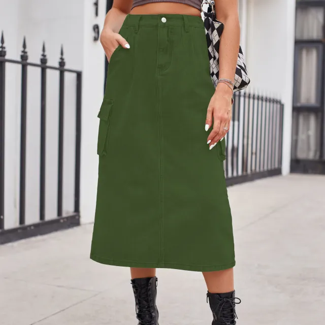 All matching Work Clothes Washed Denim Skirt Army Green - Shop at LoveMi