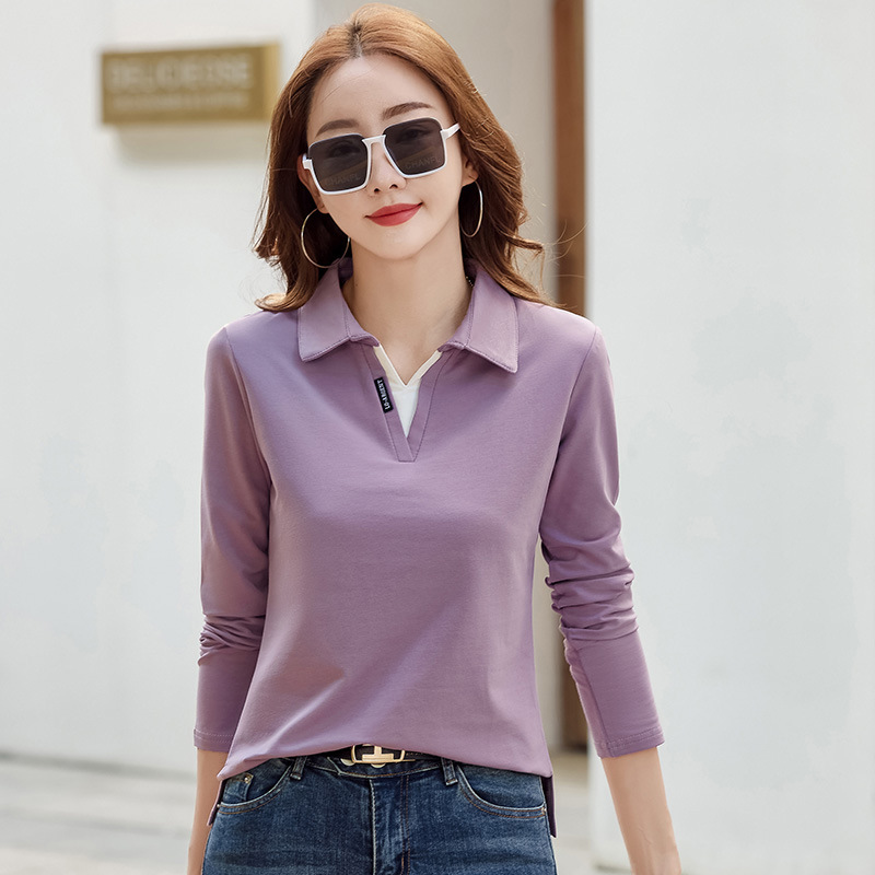 Versatile Outerwear Solid-color Contrast-color Casual V-neck Base Layer Top - Image 1