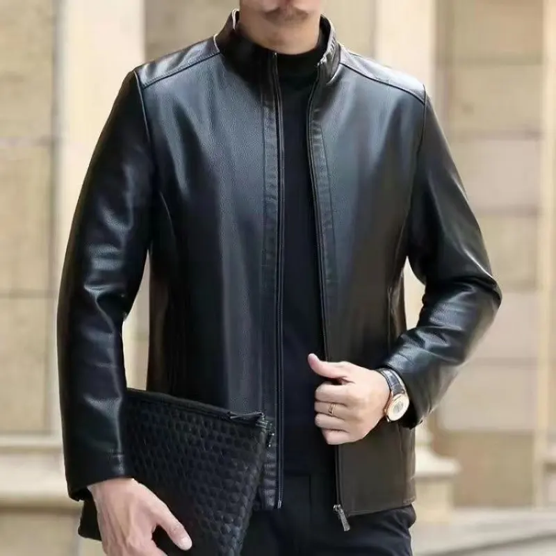 Leather Jacket for Middle-aged Men Clothing with Stand Collar