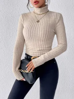 Autumn And Winter V-neck Long Sleeve Brushed Sunken Stripe Knitted Top - Apricot - View 1