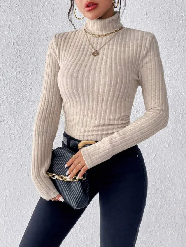 Autumn And Winter V neck Long Sleeve Brushed Sunken Stripe Knitted Top Apricot - Shop at LoveMi