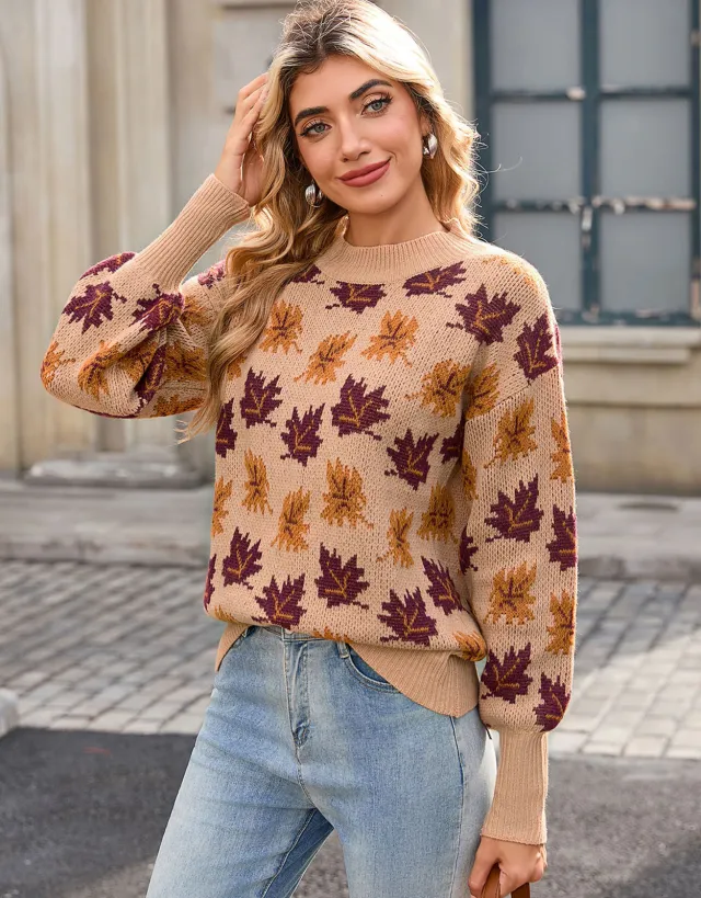 Jacquard Round Neck Pullover Sweater Khaki - Shop at LoveMi