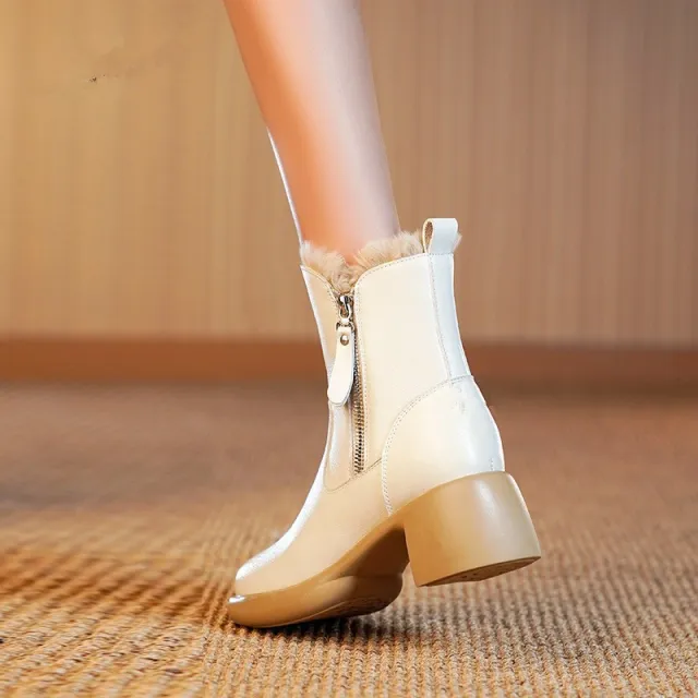 Winter New Rabbit Fur Warm Snow Boots Women's Chunky Heel Side Zip Women's Ankle Boots Beige - Shop at LoveMi