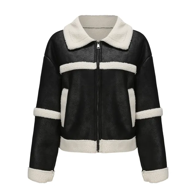 Suede Women's Fashionable Warm Fleece Leather Jacket Black - Shop at LoveMi