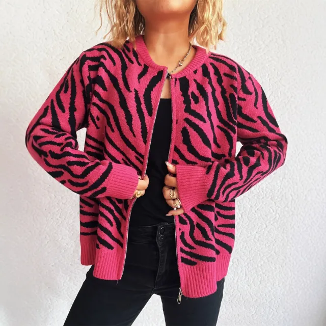 Color Block Zebra Stripes Round Neck Fashion Leisure Commute Women's Sweater Rose - Shop at LoveMi