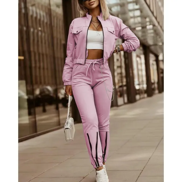 Zipper Design Long Sleeve Top Drawstring Pants Casual Suit Pink - Shop at LoveMi