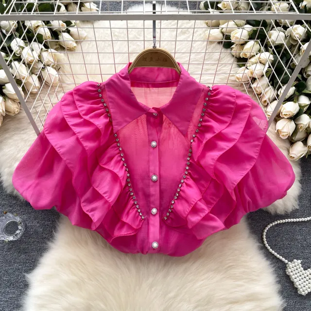 Thin See through Puff Sleeve Diamond Top Rose Red - Shop at LoveMi