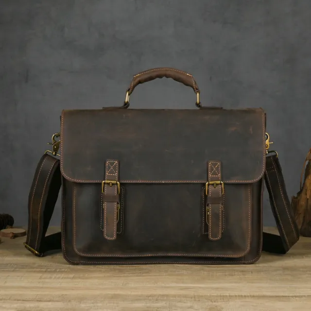 Top Layer Leather One shoulder Crossbody Laptop Bag Brown - Shop at LoveMi