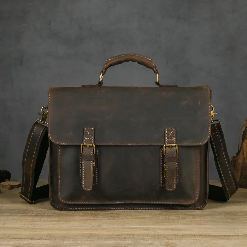Top Layer Leather One-shoulder Crossbody Laptop Bag - Brown