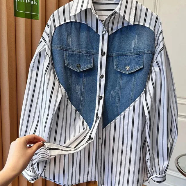 Design Sense Niche Loose Casual Love Denim Patchwork Stripes Shirt Stripes Xl - Shop at LoveMi