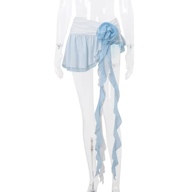 Ballet Style Flower Decorative Contrast Color Ultra Short Slimming Lotus Leaf Skirt Blue - Shop at LoveMi