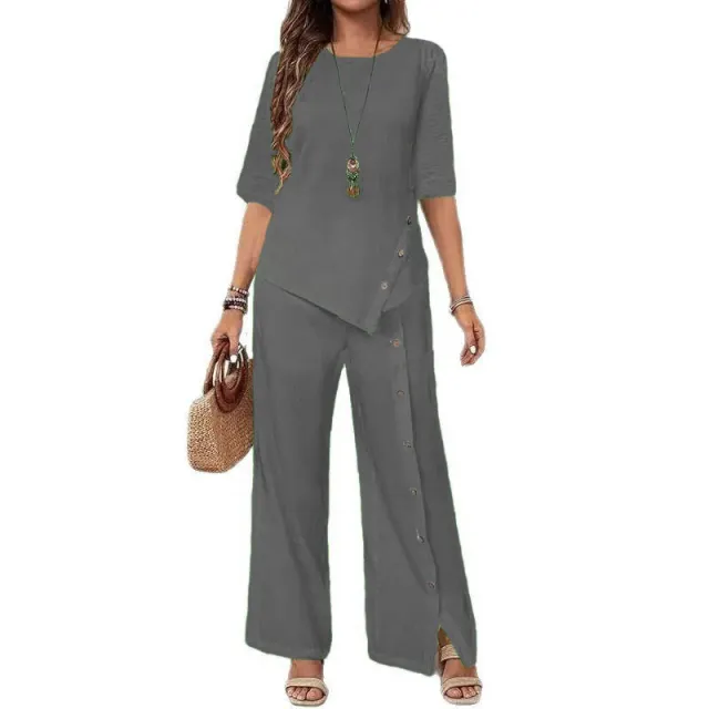 Elegant And Fashionable Casual Button Half sleeve Shirt Loose Two piece Set Gray - Shop at LoveMi