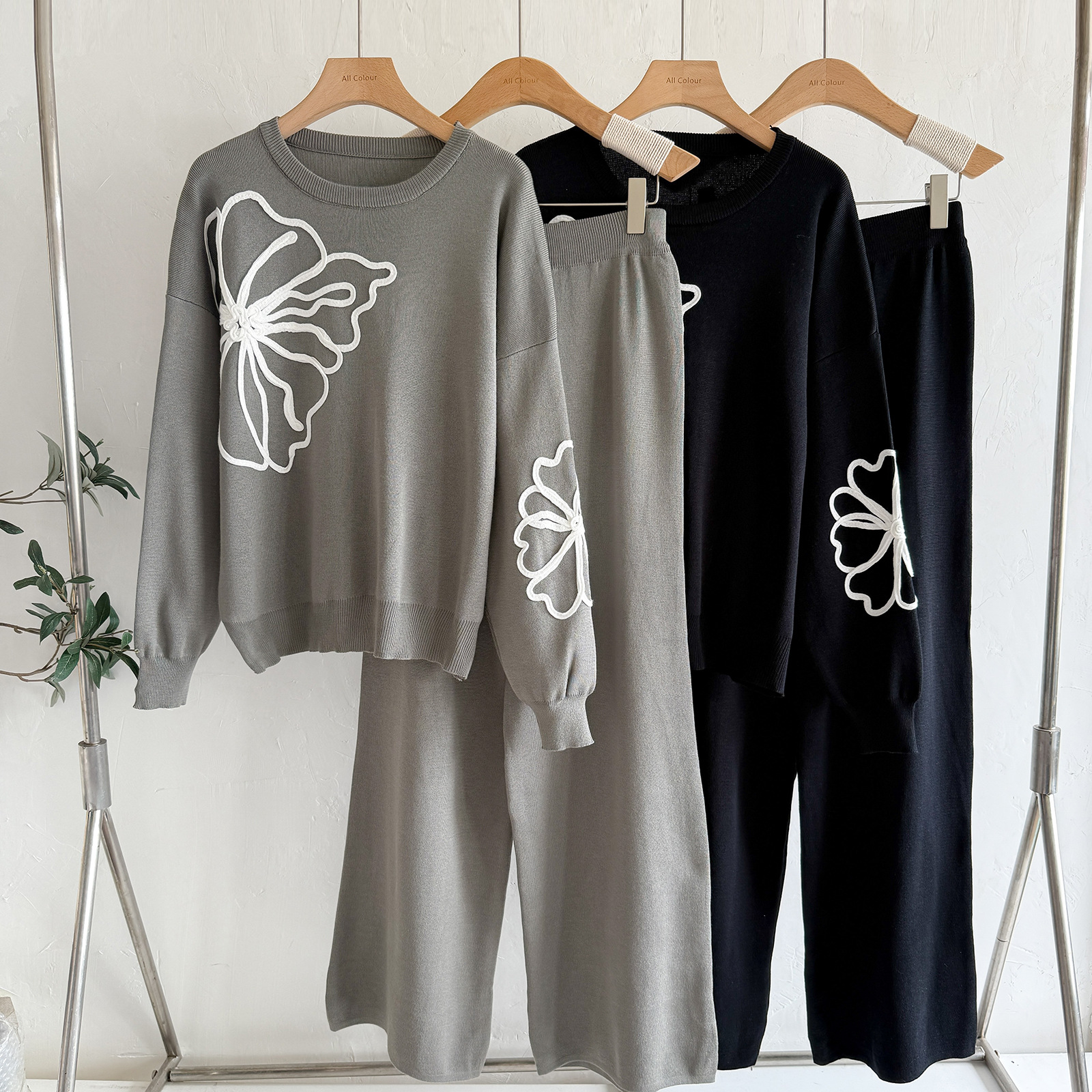 Womens Crew-Neck Embroidered Sweater And Relaxed-Fit Casual Wide-Leg Pants Two-Piece… — image 1