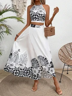 Floral-print Two-piece Slim-fit Set - White - View 1
