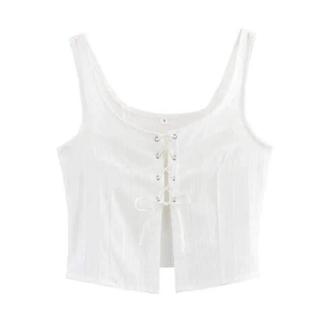 American Style Trendy Solid Color White Strap Top With Rope Sleeveless Short White - Shop at LoveMi