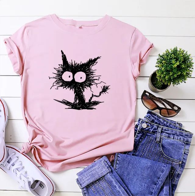 Spot European And American Fashion Cross border Cat Printing Casual Cotton Short Sleeve T shirt Women's Clothing Pink And Black Picture - Shop at LoveMi