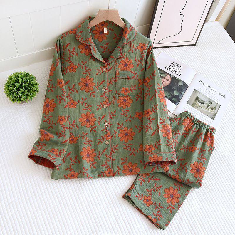 Women's Spring And Autumn Lapel Rose Double layer Cotton Yarn Long Sleeves Home Wear Suit Green Sunflower - Shop at LoveMi