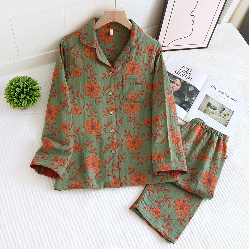 Women's Spring And Autumn Lapel Rose Double-layer Cotton Yarn Long Sleeves Home Wear Suit - Green Sunflower