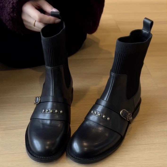 Rivet Belt Buckle Stretch Skinny Black Sock Ankle Boots