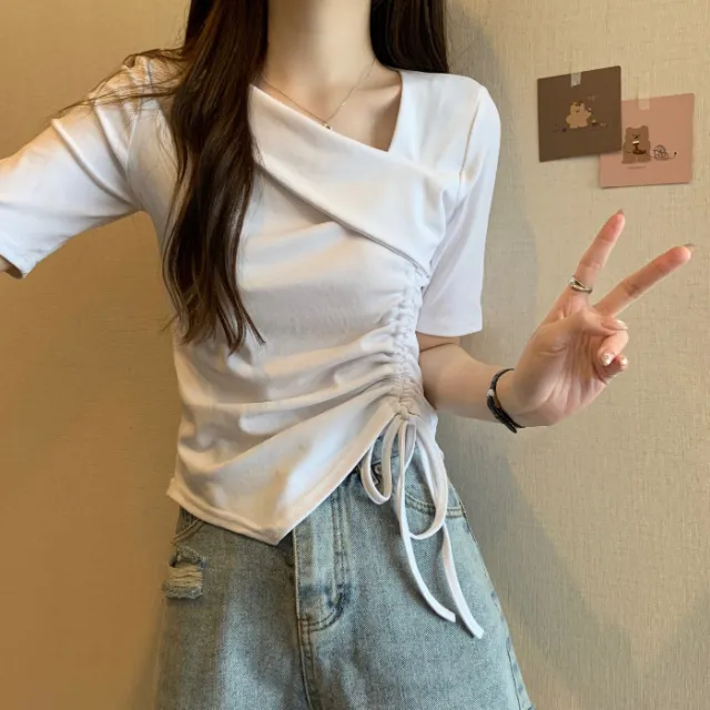 Women's Fashionable V neck Slim fit Irregular Pleating Top White - Shop at LoveMi