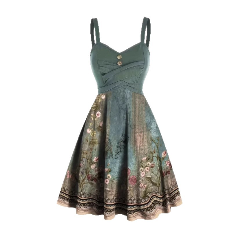 Elegant Green Floral Print Strapless Slip Dress