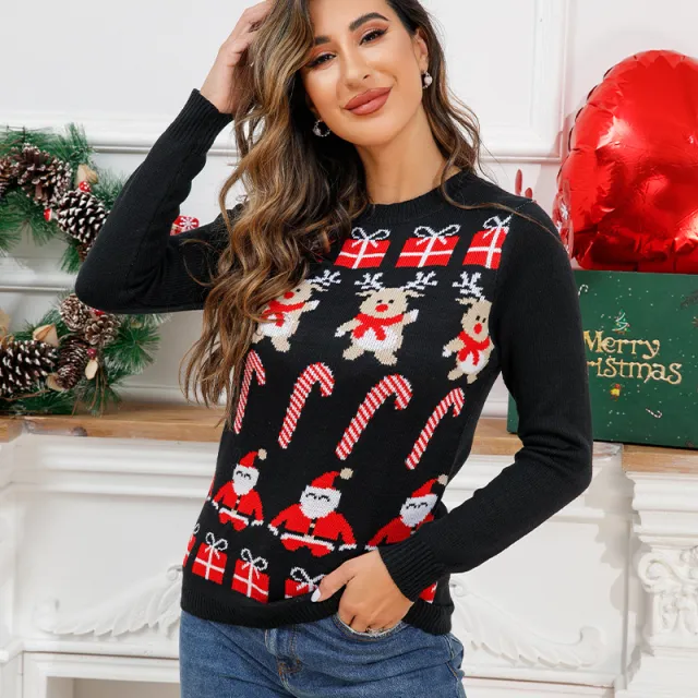 Loose Christmas Sweater Women's Winter Crew Neck Pullover Jacquard Black - Shop at LoveMi