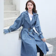 Loose Mid-length Coat With Belt Double Breasted Denim Women's Windbreaker - Blue - View 1
