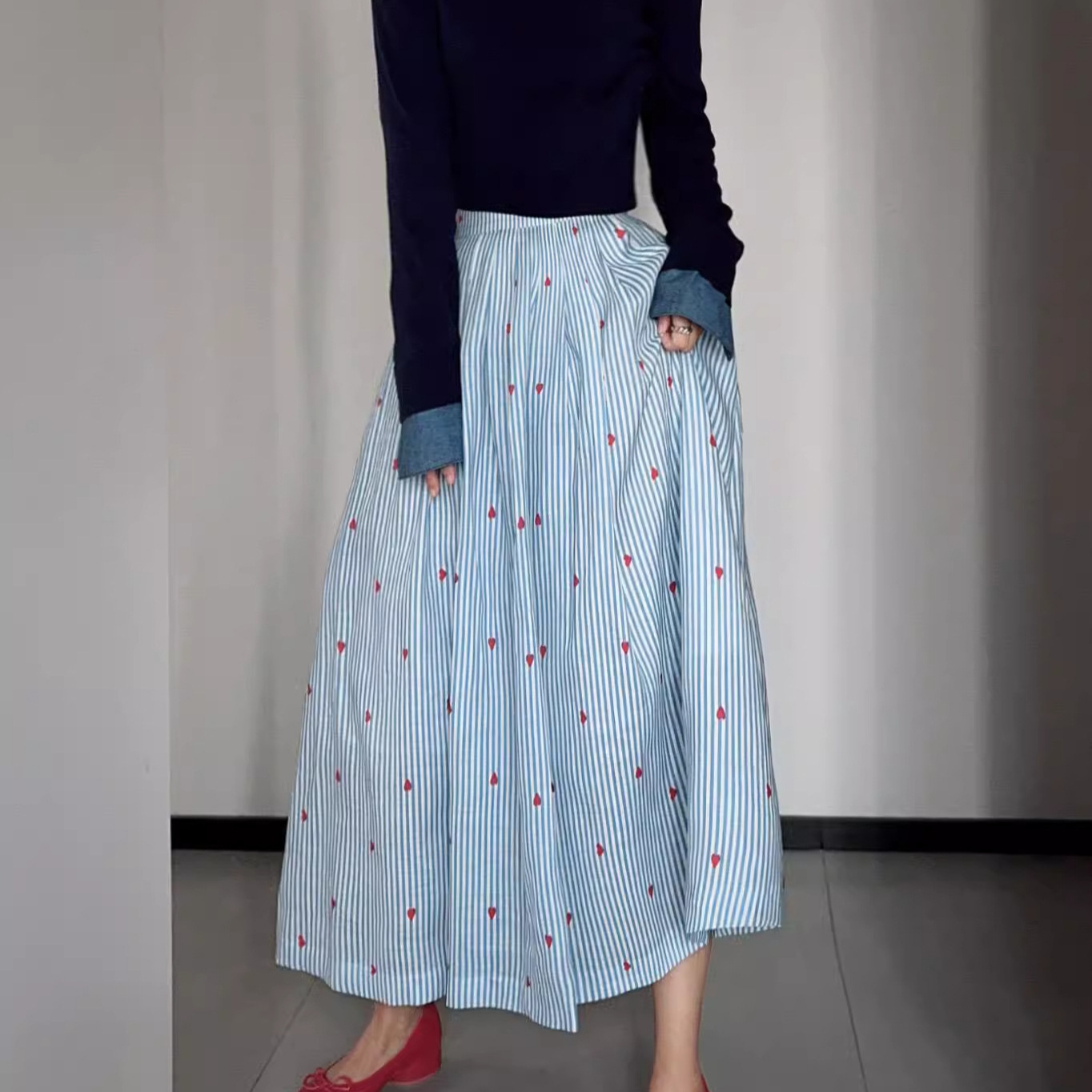 Blue Striped Womens Skirt With Elastic High Waist And Anti-exposure Lining