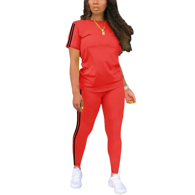 Round Neck Short sleeved Top With Trousers Suit Side Stickers Women's Two piece Suit Red - Shop at LoveMi