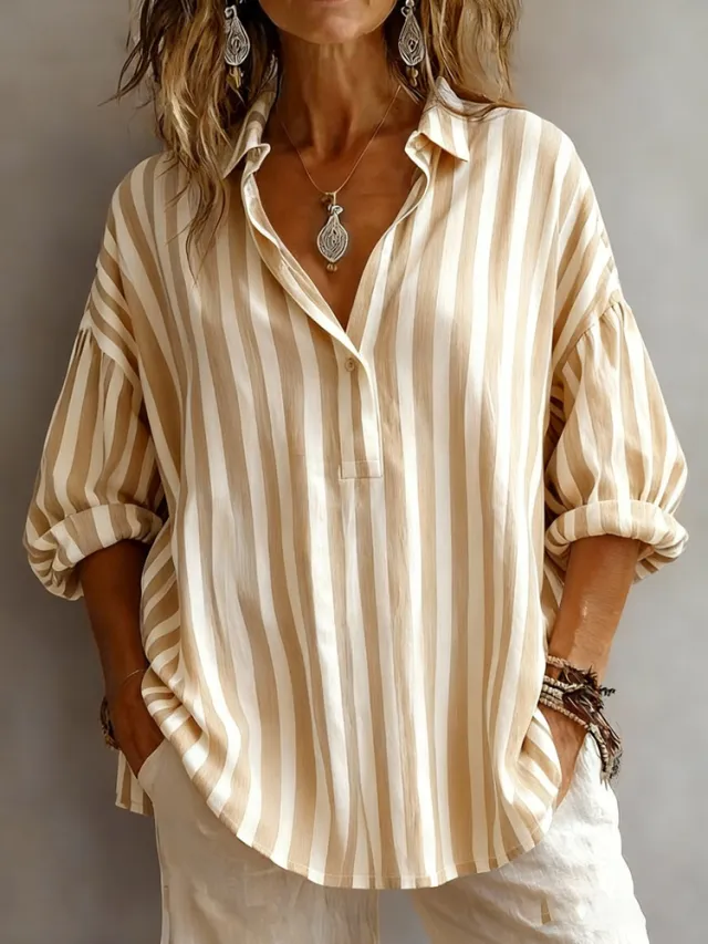 Womens Loose fitting Striped Long sleeve Pullover Shirt Khaki - Shop at LoveMi
