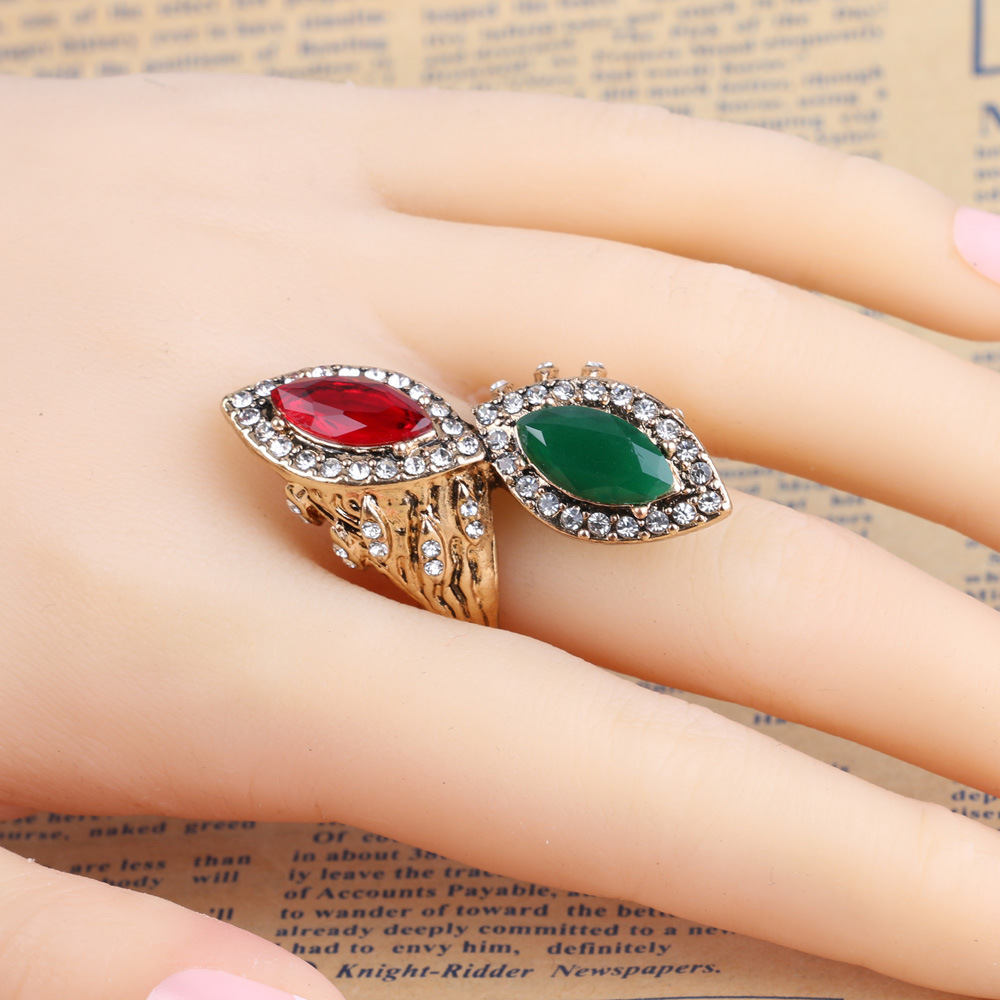 Bohemian Retro Ruby And Emerald Gold-plated Diamond Ladies Ring