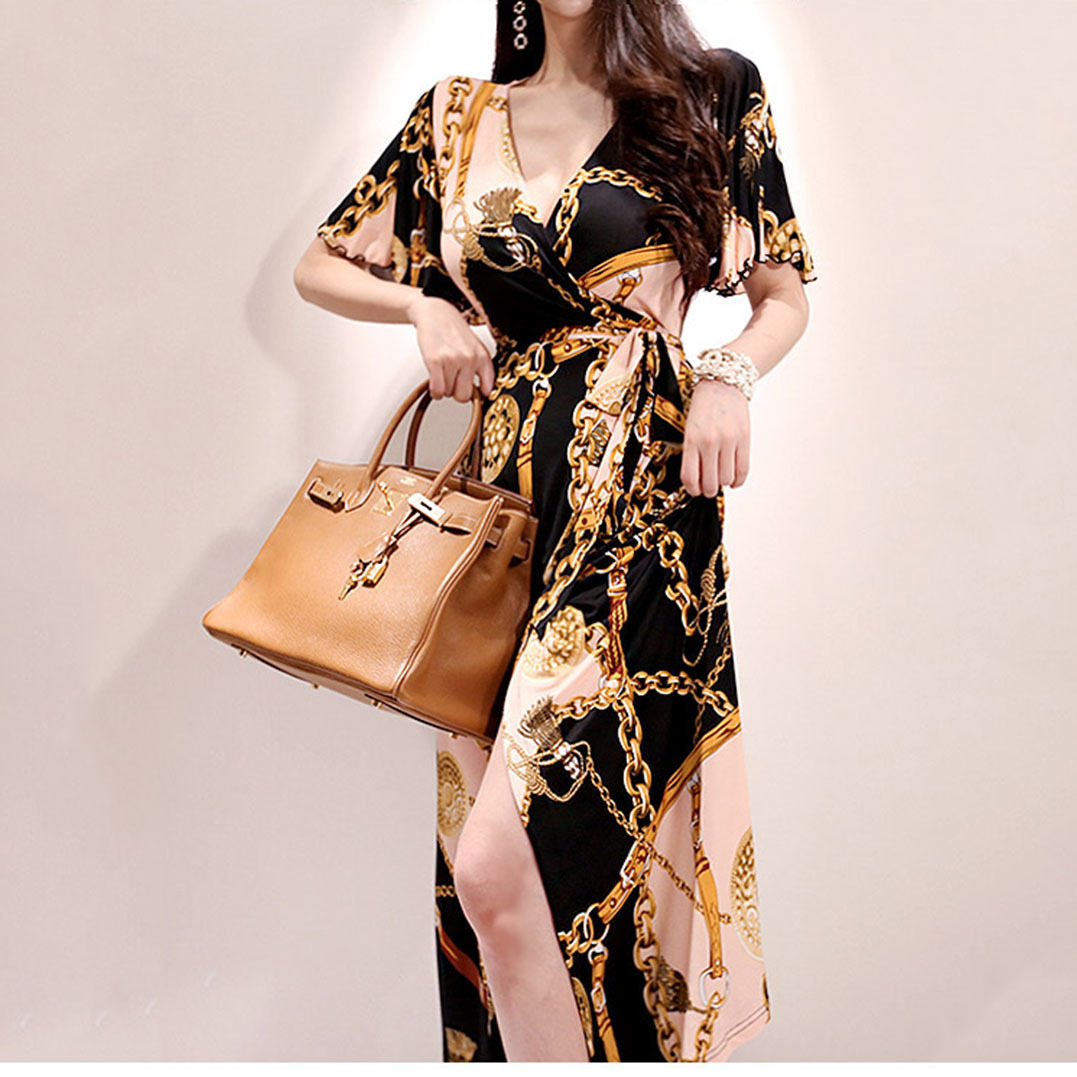 Printed Dress For Woman Elegant V neck Gold Necklace Lace up Waist Gold Yellow - Shop at LoveMi