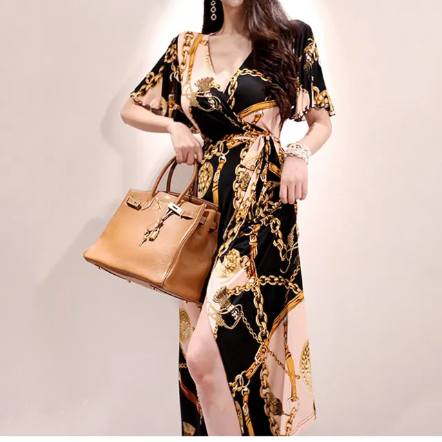 Printed Dress For Woman Elegant V neck Gold Necklace Lace up Waist Gold - Shop at LoveMi