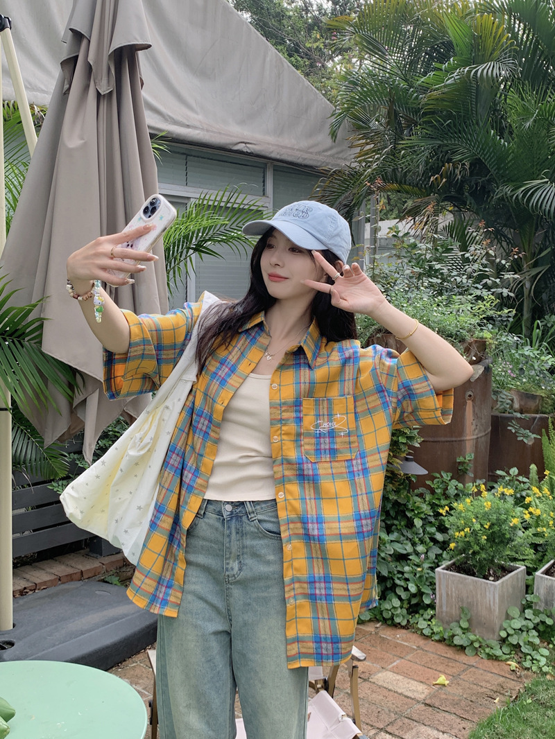 Yellow Plaid Short-sleeved Shirt Women's Top